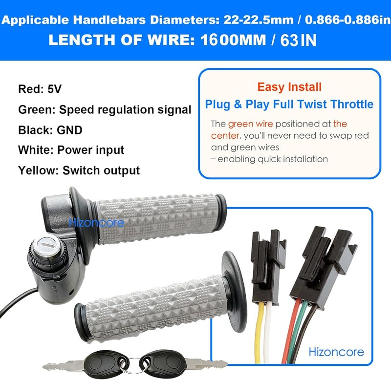 Hizoncore Full Twist Throttle Compatible with Ridstar Q20, True Plug and Play Taper Handles Ebike Throttle 12V-72V Wide Voltage with Key Lock, Fits E-Bike and E-Scooter - Image 2